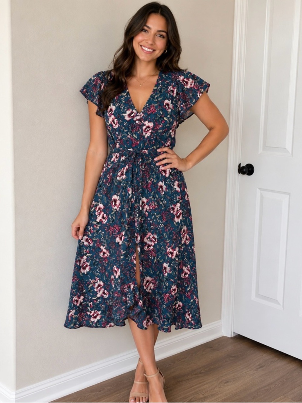 Spirit of Grace Floral women’s wrap tie dress with Ruffled Sleeves XS